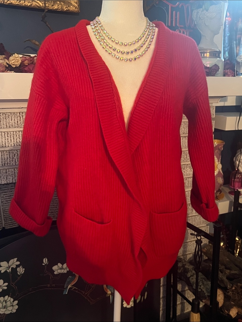NAP 100% Cashmere Open-Front Ribbed Cardigan Sweater in Red
